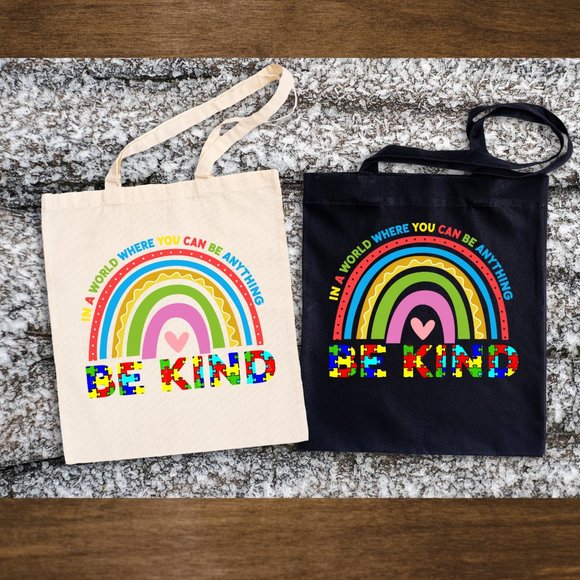 Be Kind Autism Awareness-Double Strap Cotton Canvas EcoFriendly Shoulder Tote - Picture 3 of 3